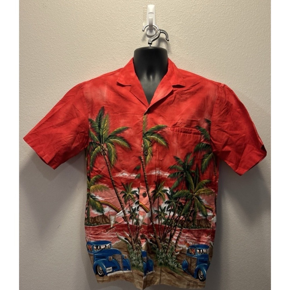 Royal Hawaiian Creations Red Mens Hawaiian Shirt‎  with Classic Woody Cars, Med.